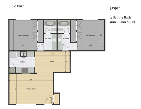 Floor plan for 2 beds, 2 baths, 1100 sqft